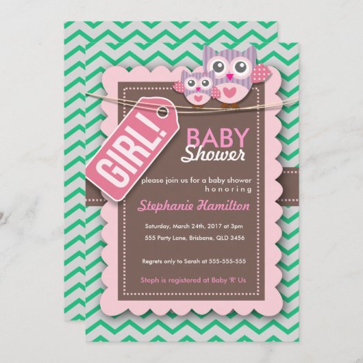 Uitnodiging voor baby shower met kleurrijke uil (Voorkant / Achterkant)