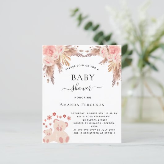 Uitnodiging voor baby shower met pampagras en tedd (Staand voorkant)