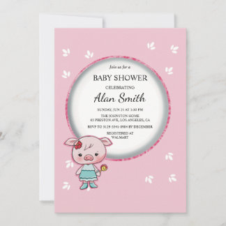 Uitnodiging voor baby shower met roze biggetje