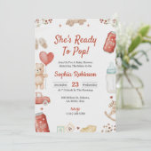 Uitnodiging voor baby shower met speelse teddybeer (Staand voorkant)