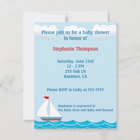 Uitnodiging voor Baby shower met zeilboot (Achterkant)