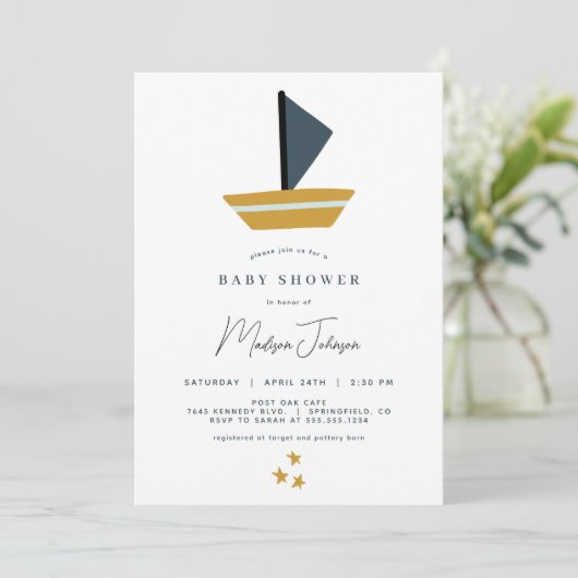 Uitnodiging voor Baby shower met zeilboot (Staand voorkant)