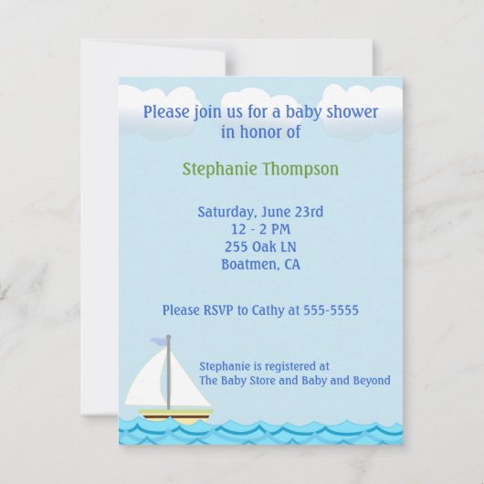 Uitnodiging voor Baby shower met zeilboot (Achterkant)