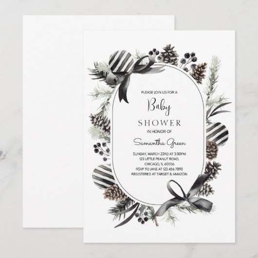 Uitnodiging voor Baby shower met zwarte kerst (Voorkant / Achterkant)