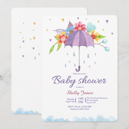 Uitnodiging voor baby shower onder de paraplu (Voorkant / Achterkant)