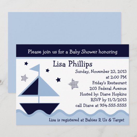 Uitnodiging voor Baby shower op zee/zeilboot/zeema (Voorkant / Achterkant)