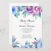 Uitnodiging voor baby shower. Paarse en blauwe blo (Voorkant / Achterkant)