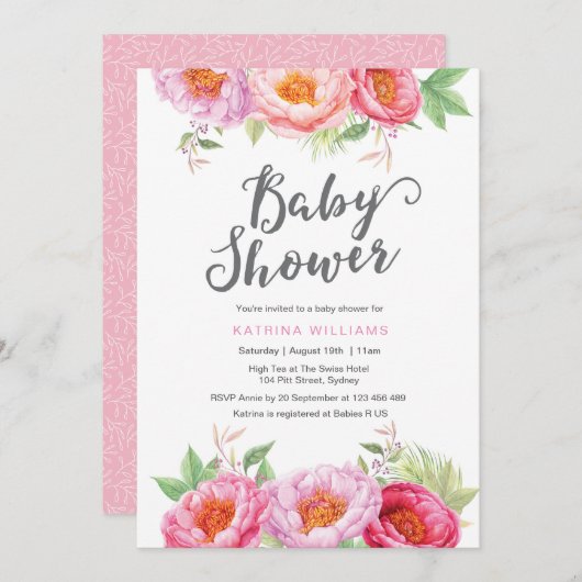 uitnodiging voor baby shower | Peony waterverf (Voorkant / Achterkant)