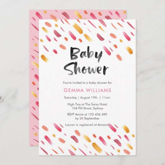 uitnodiging voor baby shower | Roze abstracte verf (Voorkant / Achterkant)