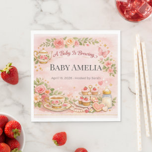 Uitnodiging voor Baby Shower Roze Bloemige Theepar Servet