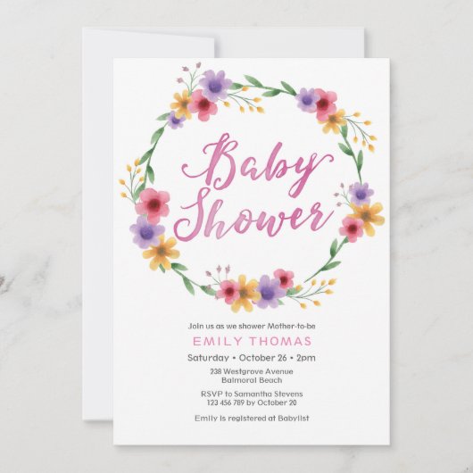 Uitnodiging voor baby shower | roze waterverf bloe (Voorkant)