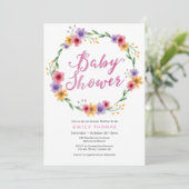 Uitnodiging voor baby shower | roze waterverf bloe (Staand voorkant)