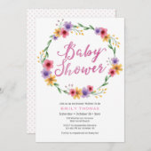 Uitnodiging voor baby shower | roze waterverf bloe (Voorkant / Achterkant)