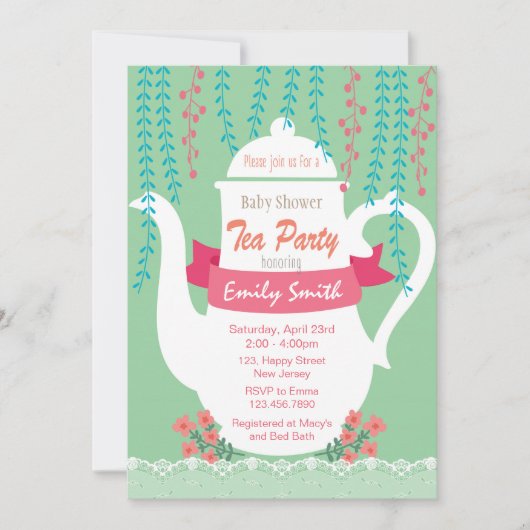 Uitnodiging voor baby shower. Tea Party uitnodigin (Voorkant)