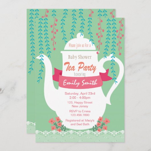 Uitnodiging voor baby shower. Tea Party uitnodigin (Voorkant / Achterkant)
