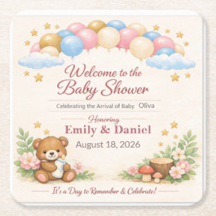 Uitnodiging voor baby shower Teddybeer Woodlan Kartonnen Onderzetters