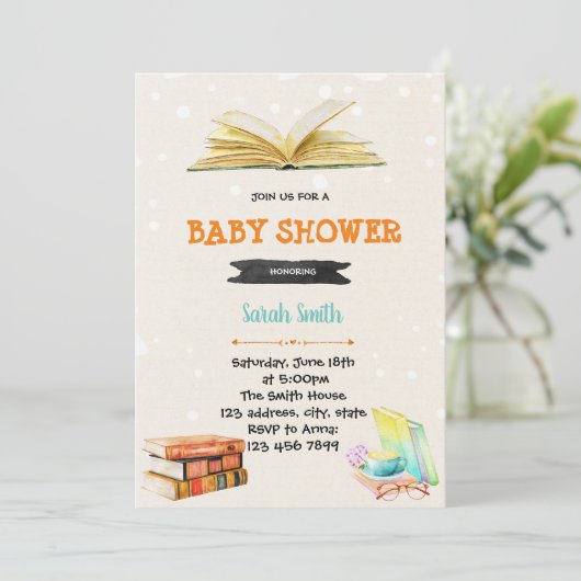 Uitnodiging voor baby shower van boekenbibliotheek (Staand voorkant)