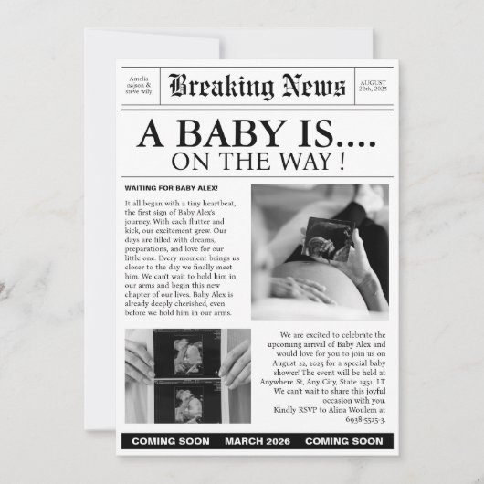 Uitnodiging voor baby shower van een krant (Voorkant)