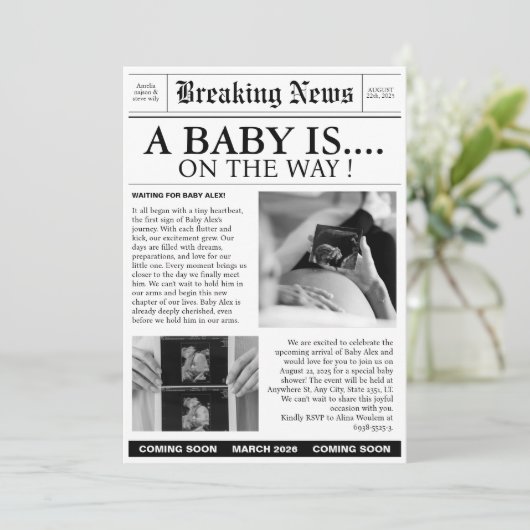 Uitnodiging voor baby shower van een krant (Staand voorkant)