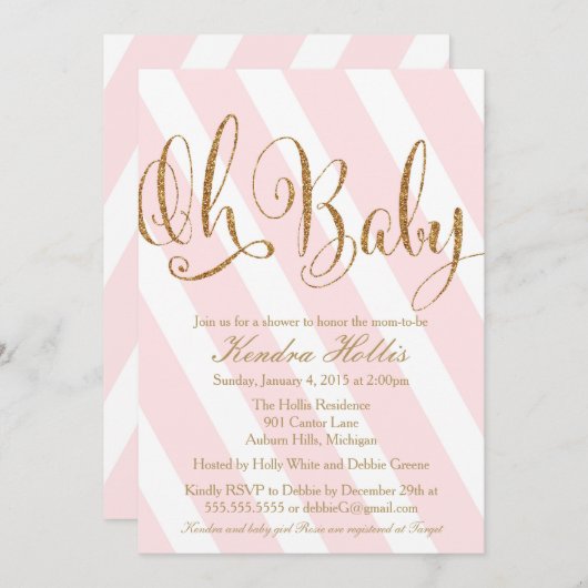 Uitnodiging voor Baby shower van Glitter - Roze st (Voorkant / Achterkant)