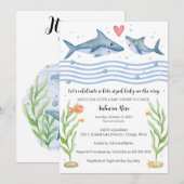 Uitnodiging voor Baby shower van haaien in het kad (Voorkant / Achterkant)