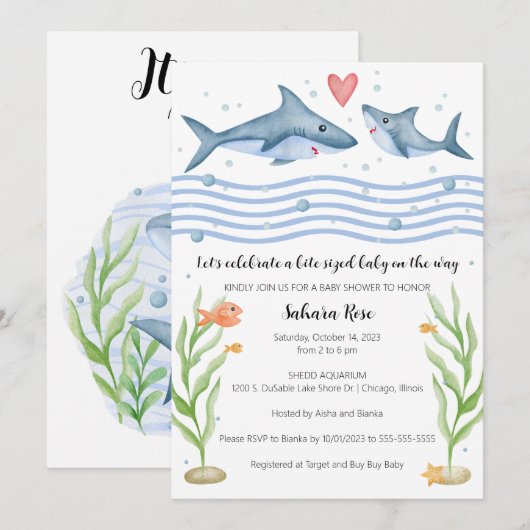 Uitnodiging voor Baby shower van haaien in het kad (Voorkant / Achterkant)