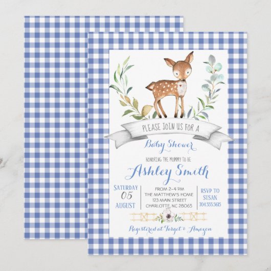 Uitnodiging voor baby shower van herten van gingha (Voorkant / Achterkant)