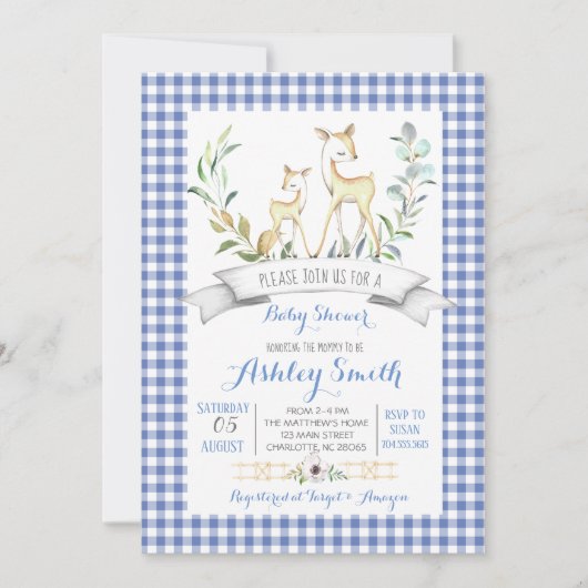 Uitnodiging voor baby shower van herten van gingha (Voorkant)