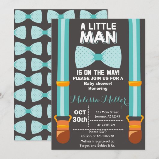 Uitnodiging voor Baby shower van kleine Mannen (Voorkant / Achterkant)