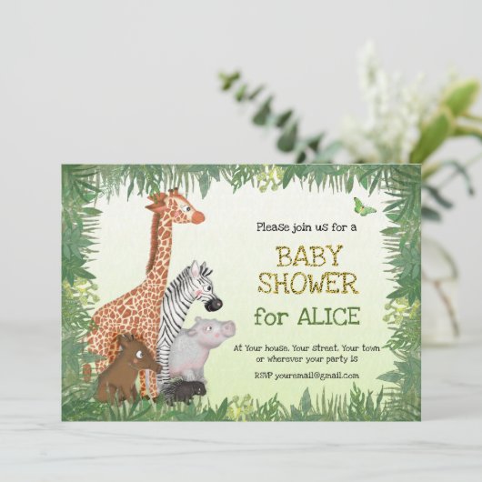 Uitnodiging voor baby shower van Safari-dieren (Staand voorkant)