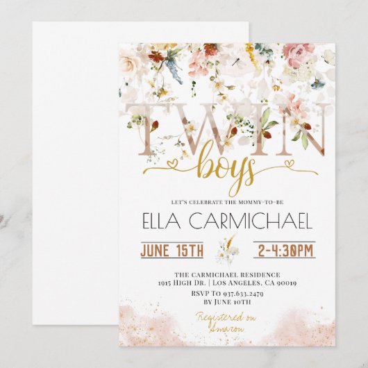 Uitnodiging voor Baby shower van Tuin Twins Boys (Voorkant / Achterkant)