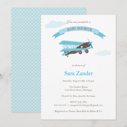Uitnodiging voor Baby shower van vliegtuigen - bla (Voorkant / Achterkant)
