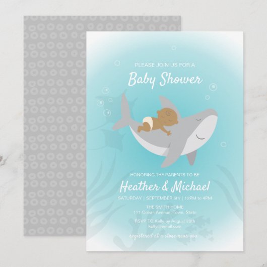 Uitnodiging voor Baby shower van zoete haaien (Voorkant / Achterkant)