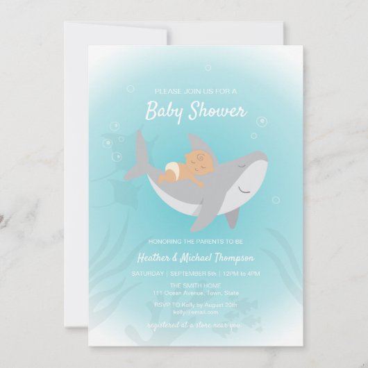 Uitnodiging voor Baby shower van zoete haaien (Voorkant)