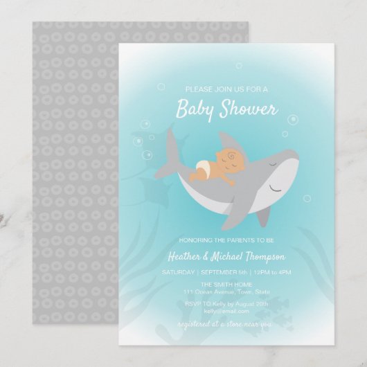 Uitnodiging voor Baby shower van zoete haaien (Voorkant / Achterkant)