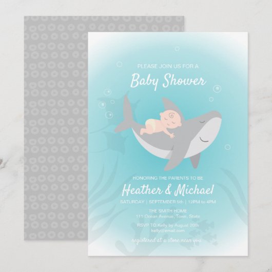 Uitnodiging voor Baby shower van zoete haaien (Voorkant / Achterkant)