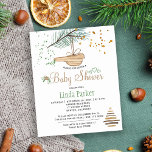 Uitnodiging voor baby shower voor  bosbouw<br><div class="desc">Robuuste moderne elegante winterse natuur begroot betaalbare baby shower stijlvolle sjabloon op een eenvoudige witte achtergrond met een pijnboomboom met een houten vogel, een gedroogde tak kerstboom met ster- en waterverf spetters, winterbloemen en weinig hart. als u ENVELOPE nodig hebt, te selecteren gelieve de optie ENVELOPE! De uitnodiging is geschikt...</div>