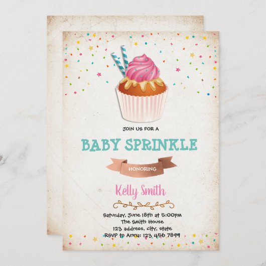 Uitnodiging voor baby sprinkle feestje met cupcake (Voorkant / Achterkant)