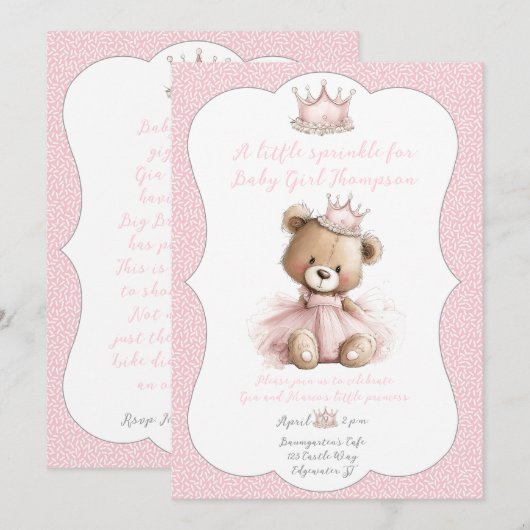 Uitnodiging voor Baby Sprinkle Teddy Beer Prinses (Voorkant / Achterkant)