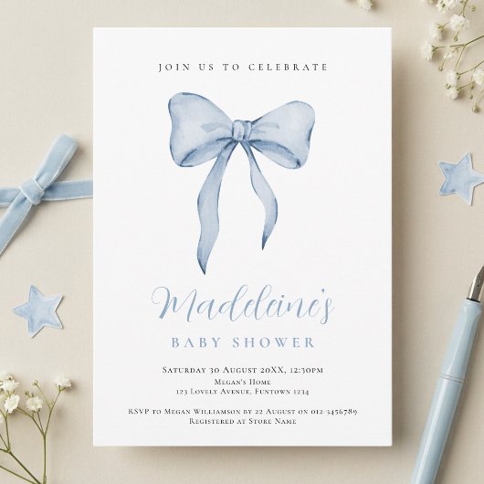 Uitnodiging voor babyborrel Blue Bow Boy