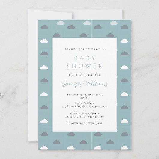 Uitnodiging voor babyborrel Blue Clouds Boy (Voorkant)