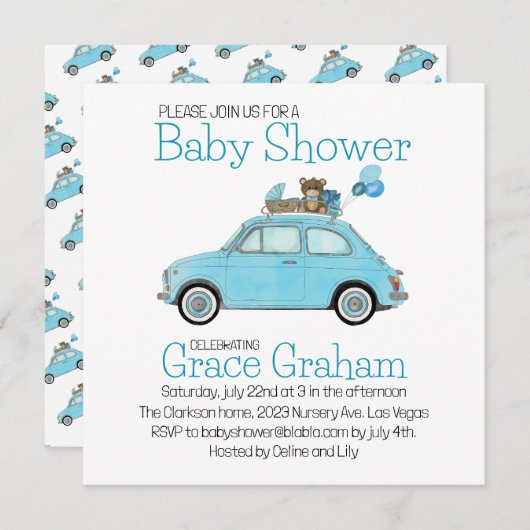 Uitnodiging voor babyborrel Fiat 500 voor jongen (Voorkant / Achterkant)