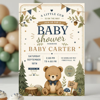 Uitnodiging voor babyborrel 'Houten Beer Jongen'