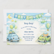 Uitnodiging voor babyborrel jongen auto thema