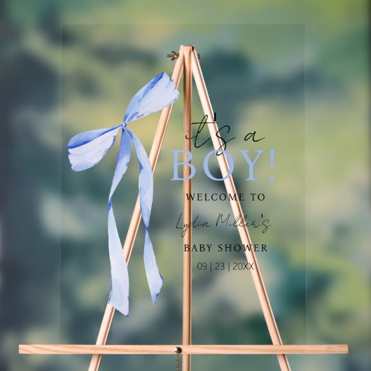 Uitnodiging voor babyborrel met blauwe strik voor  acryl bord (Neutraal)