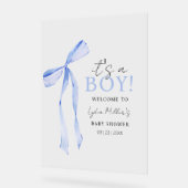 Uitnodiging voor babyborrel met blauwe strik voor  acryl bord (Hoek)
