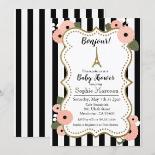 Uitnodiging voor babyborrel met bloemmotief en Eif
