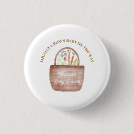 Uitnodiging voor babyborrel met boerenmarkt thema ronde button 3,2 cm
