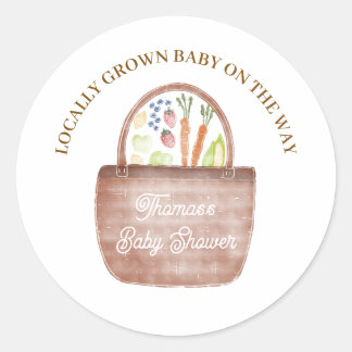 Uitnodiging voor babyborrel met boerenmarkt thema ronde sticker