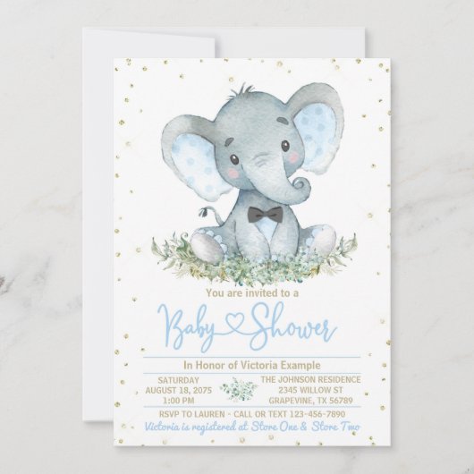 Uitnodiging voor babyborrel met olifant jongen met (Voorkant)